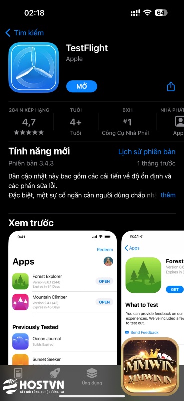 Nhấn vào nút để tải Testflight