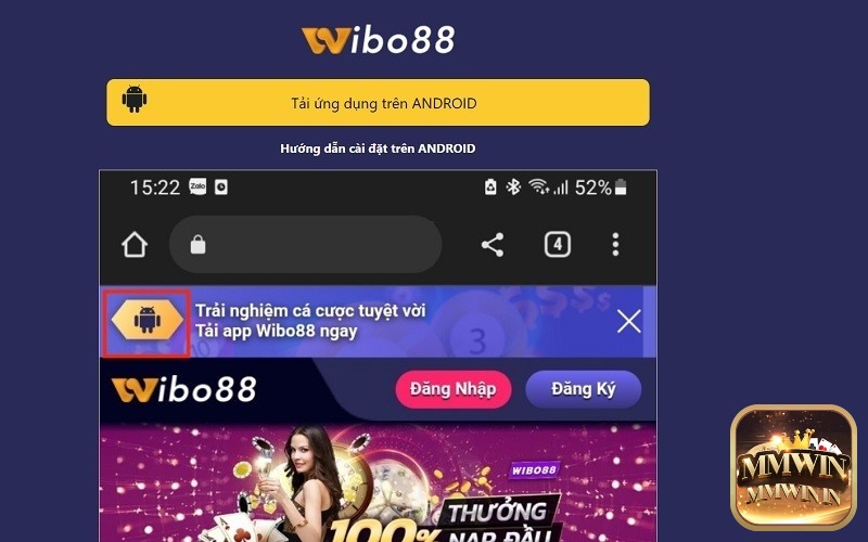 Click biểu tượng app Android trên giao diện website Wibo88