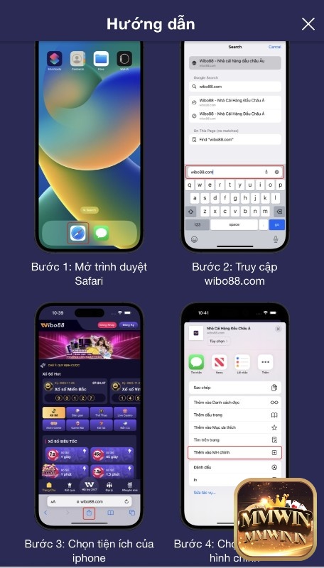 Các bước từ 1 đến 4 để tải app Wibo88 cho IOS 