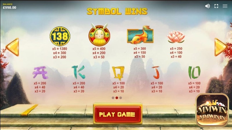 Các biểu tượng có giá trị trong Dragon's Luck slot là đồng xu, búp bê, cá Koi, hoa sen