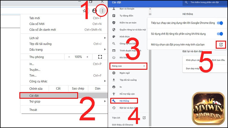 Mở phần settings để có thể thay đổi cài đặt proxy trong trình duyệt web mmwin