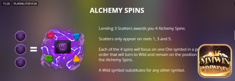 Tính năng Alchemy Spins được kích hoạt khi có 3 Scatter xuất hiện, giúp bạn có 4 vòng quay miễn phí