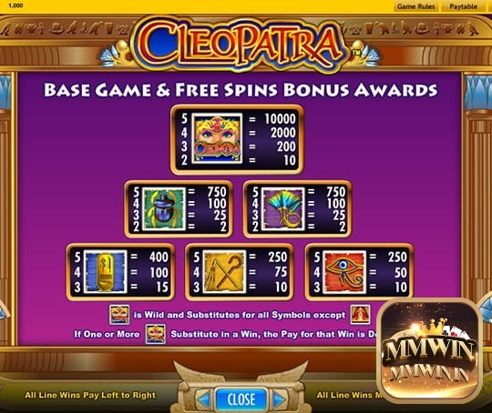 Các biểu tượng chính của Cleopatra slot là nữ hoàng, bọ cánh cứng, chữ tượng hình