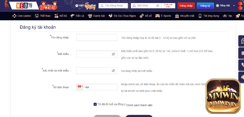 Form đăng ký NEO79 dành cho tân thủ