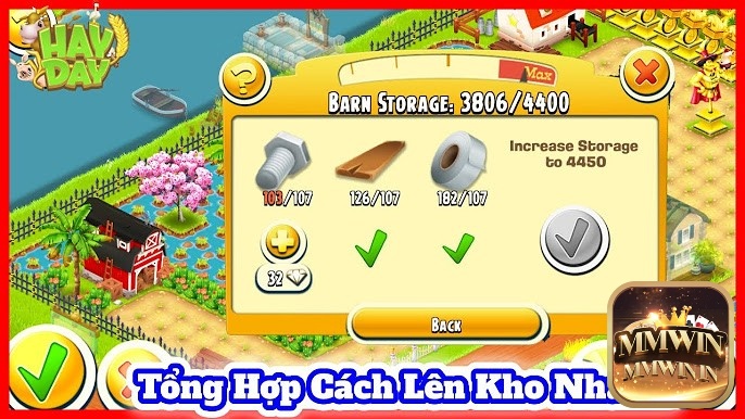 Kho chứa đầy đủ vật phẩm trong Hay Day, kèm theo các nguyên liệu hiếm như bu lông và băng keo