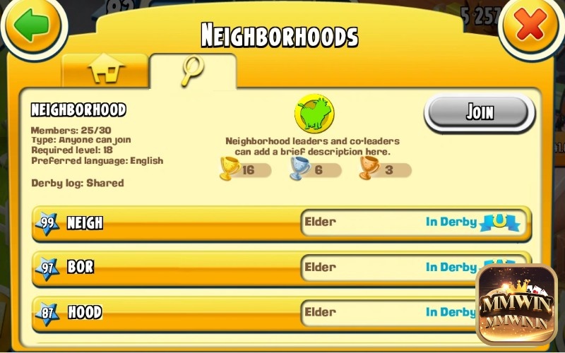 Giao diện nhóm hội (neighborhood) Hay Day với người chơi trò chuyện và giúp đỡ lẫn nhau
