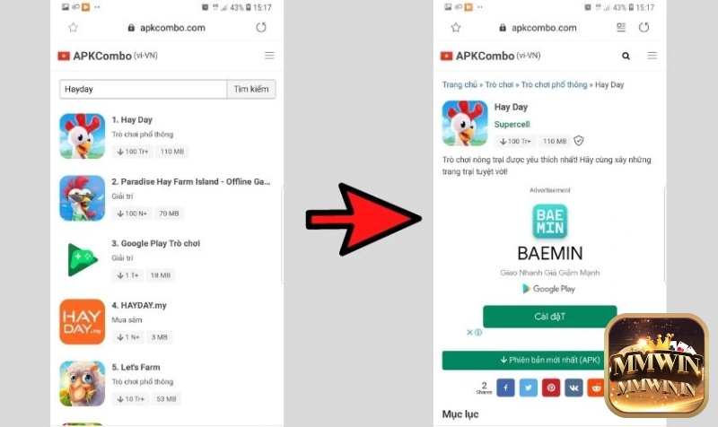 Giao diện App Store và Google Play khi tìm kiếm Hay Day để tải về điện thoại