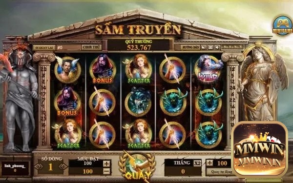 Giao diện slot game nổ hũ sấm truyền với chủ đề thần thoại phương Đông và hiệu ứng sấm sét đặc trưng.