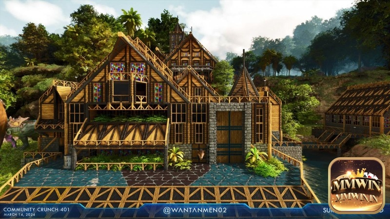 Một khu căn cứ cộng đồng, nhiều người chơi chia sẻ trạm craft và kho vật liệu trong ARK: Survival Ascended