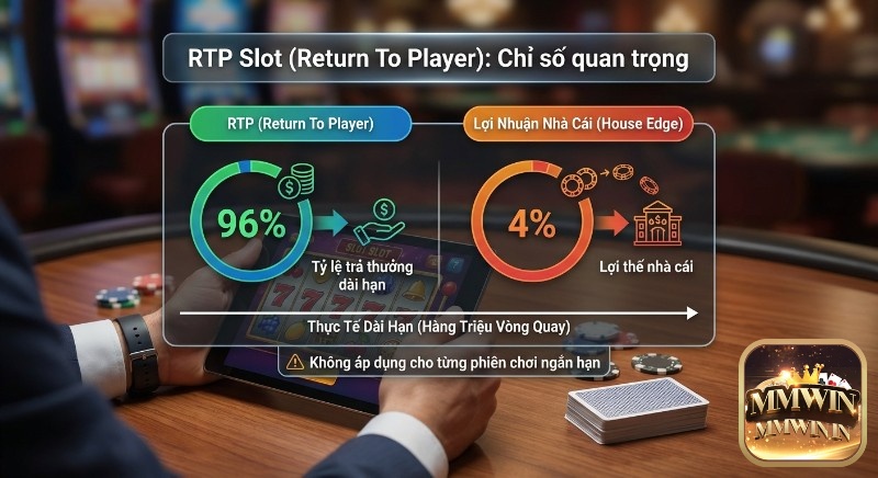 Giải thích RTP Slot, chỉ số quan trọng về tỷ lệ trả thưởng dài hạn 96% và lợi thế nhà cái 4%, không áp dụng cho chơi ngắn hạn trong rtp slot là gì