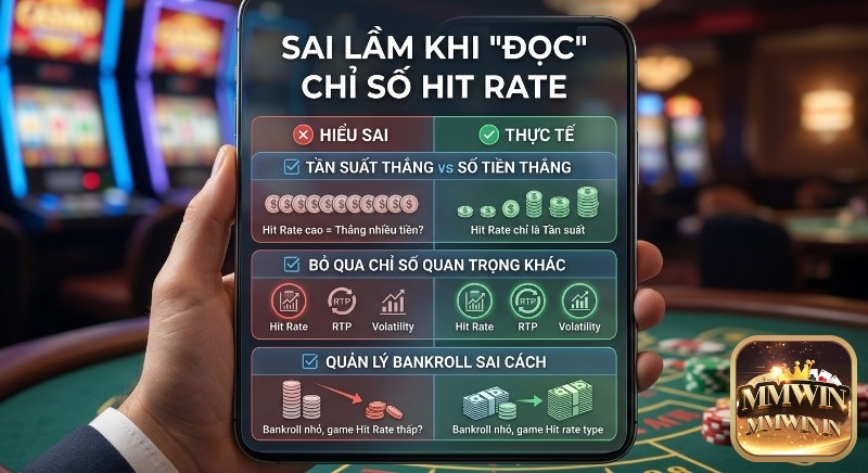 Bảng tổng hợp sai lầm và thực tế khi đọc chỉ số Hit Rate, nhấn mạnh tầm quan trọng của RTP, Volatility và quản lý bankroll