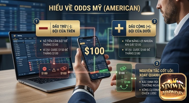Hướng dẫn cách hiểu Odds mỹ american là gì bằng dấu (+) và (-), mốc 100$ xác định rủi ro, phần thưởng, định hình chiến lược cược